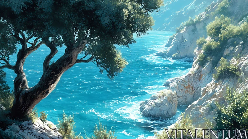 Sunlit rocky cove with turquoise sea under coastal tree shade
