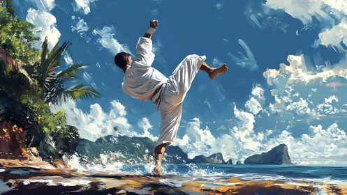 Martial artist executes high kick on tropical shoreline under dynamic clouds