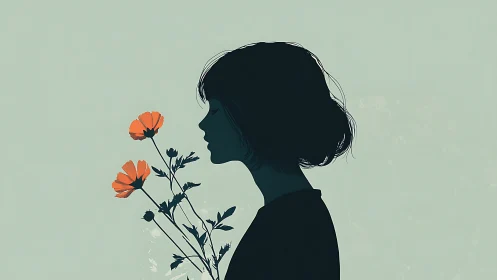 Silhouette of woman with orange flowers on pale background.
