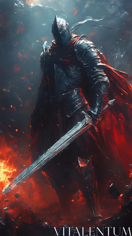 Armored knight stands in blazing embers of a ruined battlefield