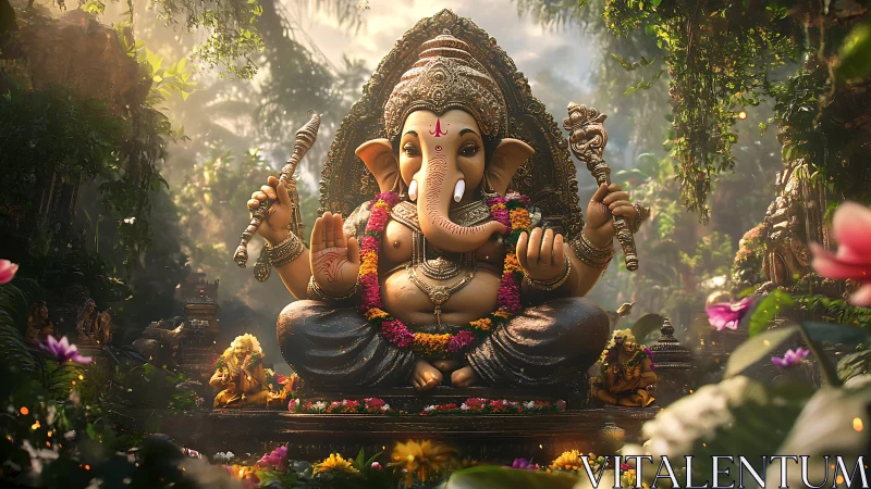 Gentle Ganesha in a lush forest sanctuary of soft light.