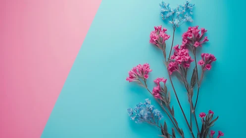 Dual-tone floral composition with magenta dianthus and cyan baby's breath on bisected background