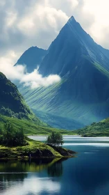 Steep emerald peak above tranquil reflective mountain lake.
