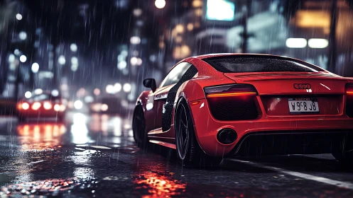 Red sports car on wet city street at night in heavy rain.