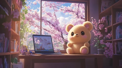 Blossom window bear guarding a pastel powered laptop daydream.