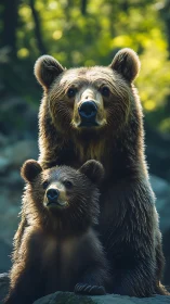 Brown bear mother and cub standing alert in forest light