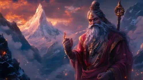 Mountain sage commands twilight over glowing snow peaks