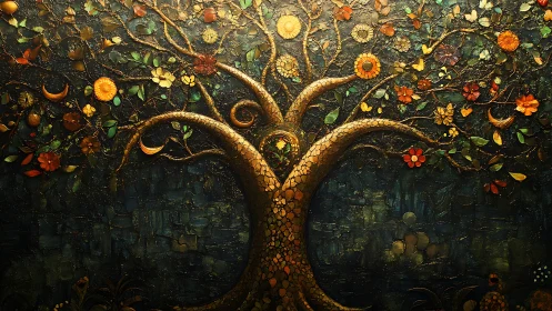 Decorative golden tree with floral and celestial motifs at night.