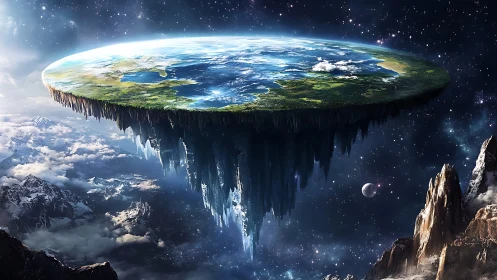 Flat Earth Orbital Rendering with Suspended Plate Geometry and Cosmic Backdrop