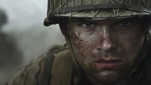 Grit and resolve in a mud-streaked soldier’s quiet stare.