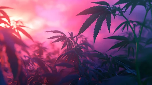 Cannabis leaves glow against vivid pink and purple sunset haze