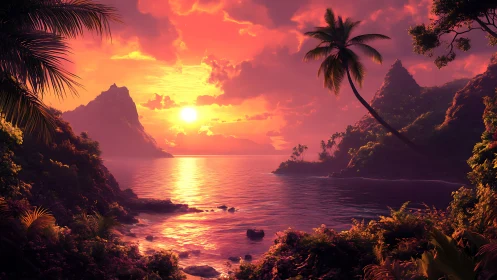 Sunset spell over tropical cliffs and shimmering coral sea.