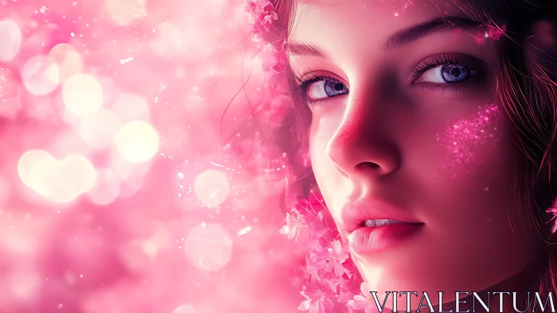 Female digital portrait shows closeup face in vivid pink glow