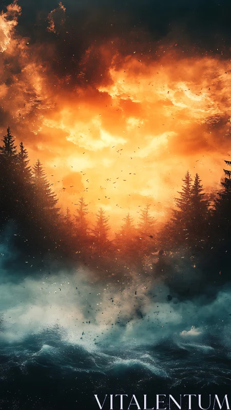 Apocalyptic Firestorm Over Woodland and Tempestuous Seas