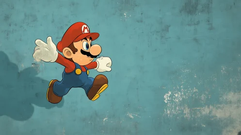 Energetic cartoon hero jumps across distressed teal wall