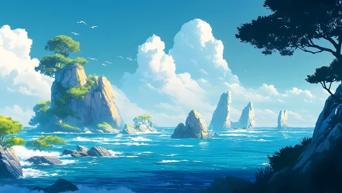 Isolated Rock Formations Rise From Turquoise Waters Under Luminous Clouds