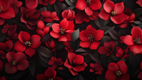 High-Contrast Floral Composition: Luminous Red Petals Against Deep Black Ground.