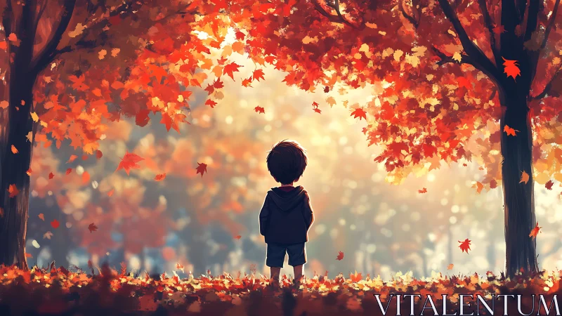 Digital painting of child under radiant autumn canopy frame.