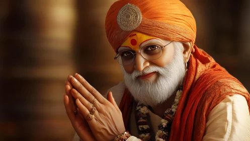 Photorealistic portrait of elderly spiritual guru in orange turban