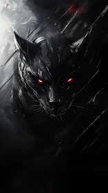Digital panther portrait with glowing red eyes in smoky void