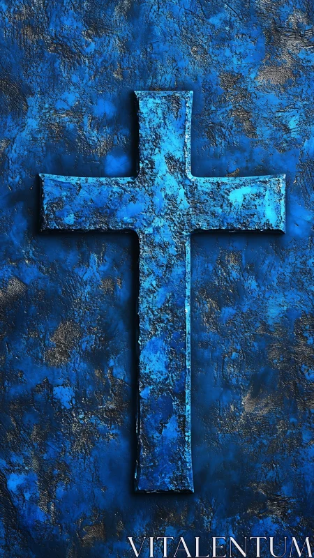 Luminous blue cross resting on a textured night sky wall.