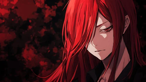 Brooding crimson gaze beneath storm-tangled scarlet hair.