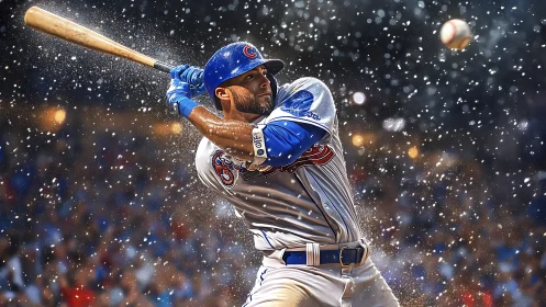Stadium comet swing frozen in electric storm of baseball dust.