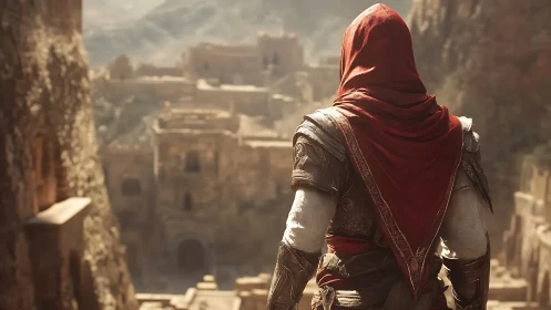 Hooded warrior overlooks sunlit desert fortress ruins.