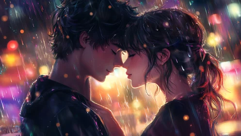 Rainlit lovers breathing in neon hush between heartbeats.