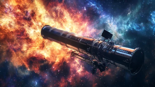 Deep space telescope crosses vibrant cosmic nebula field.