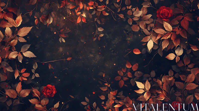 Autumn rose foliage frame encircles dark textured negative space