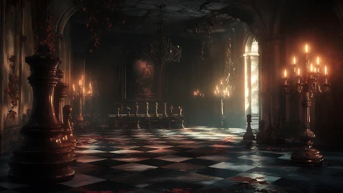 Giant chess pieces haunting a candlelit gothic hall.