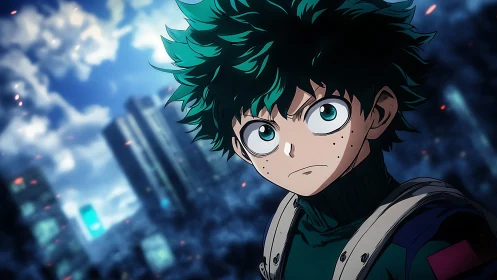 Green haired anime boy in city at night, serious gaze.