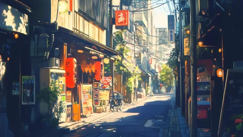 Sunlit Tokyo alley glows with lanterns and shopfront color.