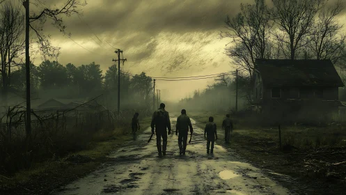 Survivors walk through misty postapocalyptic rural roadway.