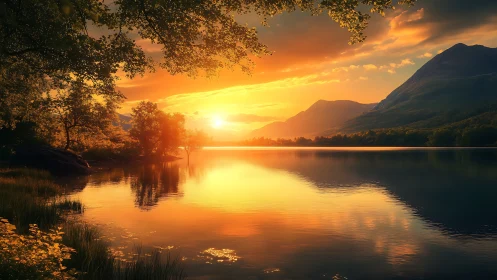 Spectral gradient sunset over lacustrine forest basin mirror.