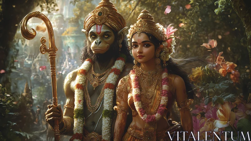 Digital painting of divine couple in lush mythic forest tableau.