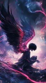 Fallen dusk angel broods beneath a storm of cosmic embers.