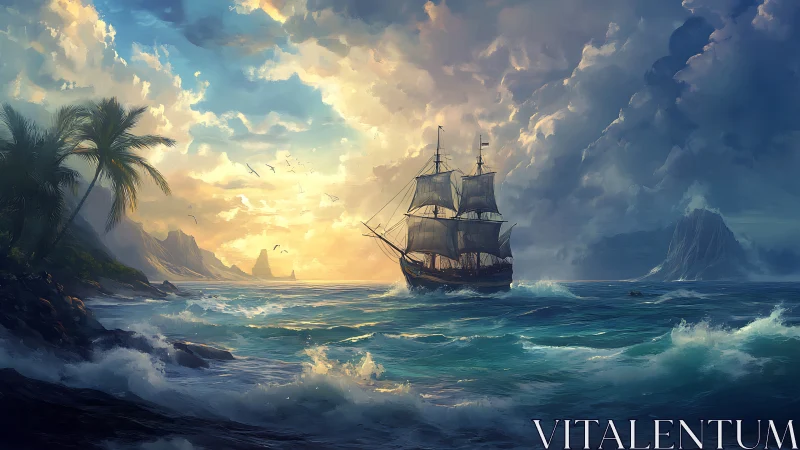 Sunlit galleon on storm-tinted tropical sea at golden hour