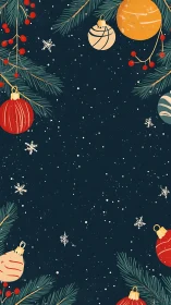 Vertical winter background shows ornaments and snowflakes