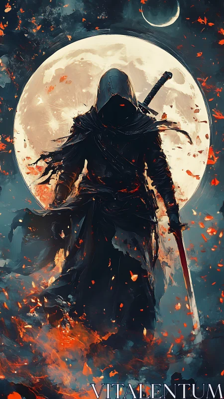 Digital painting of hooded swordsman before lunar inferno.