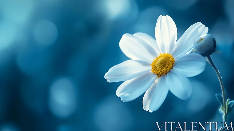 White Daisy with Yellow Center Against Soft-Focus Blue Background