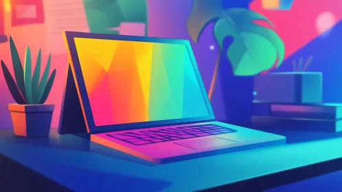 Neon laptop glows on colorful modern minimalist desk workspace