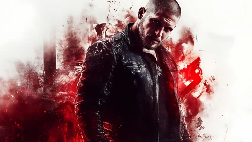 Brooding leather-clad antihero in red abstract storm.