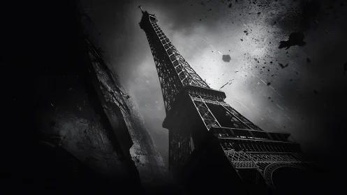 Dark monochrome Eiffel Tower in dramatic stormscape.