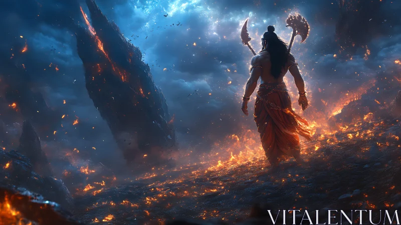 Mythic warrior strides through a blazing stormscape.