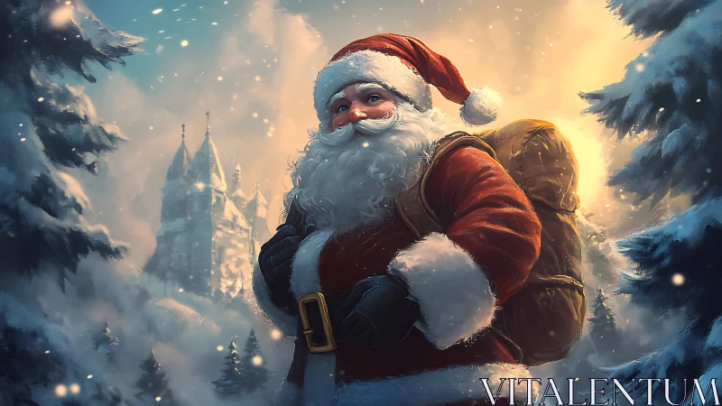 Santa crossing snowy forest before distant winter castle.