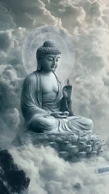 Serene stone Buddha enthroned on lotus above storm clouds.