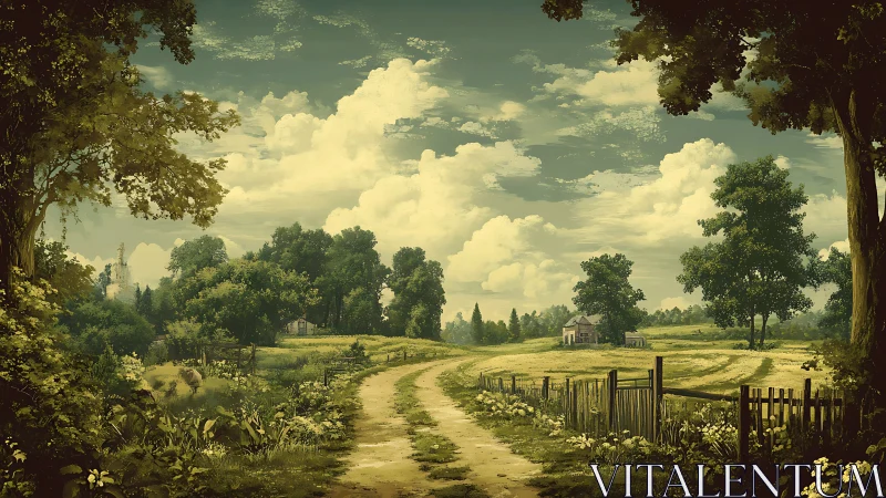 Rural dirt road passing fields, trees and scattered houses.