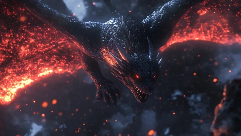 Molten-winged dragon dives through embers and smoke at night.